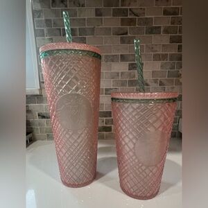 Starbucks Pearl Pink and Green Tumbler Duo 24oz and 16oz with Straws